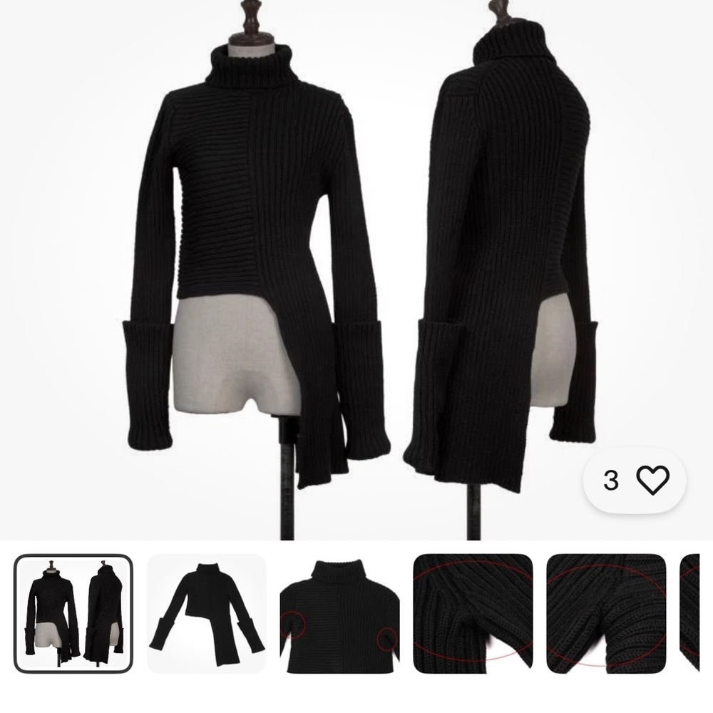 Yohji Yamamoto FEMME  Black Asymmetric Ribbed Wool Turtleneck Sweater